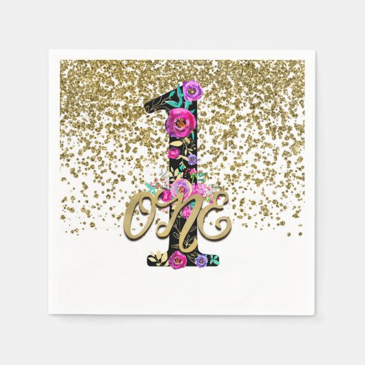 Black Floral Gold Glitter ONE 1 1e verjaardag Servetten (Voorkant)