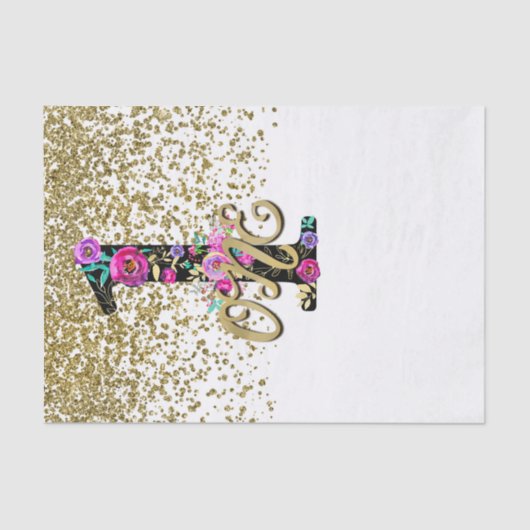 Black Floral Gold Glitter ONE 1 1e verjaardag Tissuepapier (Voorkant)