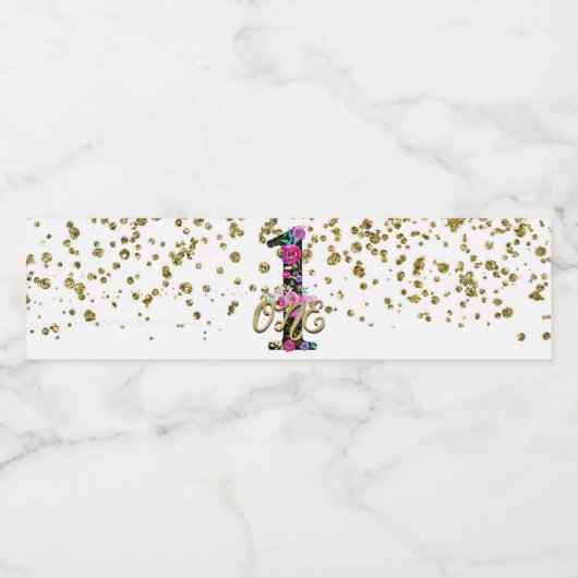 Black Floral Gold Glitter ONE 1 1e verjaardag Waterfles Etiket (Enkel label)
