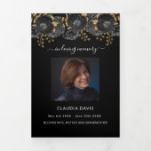 Black floral gold phototri-voudig begrafenisprogra drieluik aankondiging (Cover)