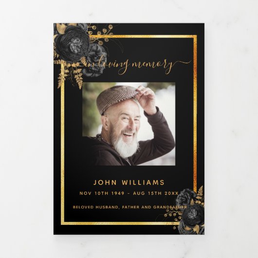 Black floral gold phototri-voudig begrafenisprogra drieluik aankondiging (Cover)
