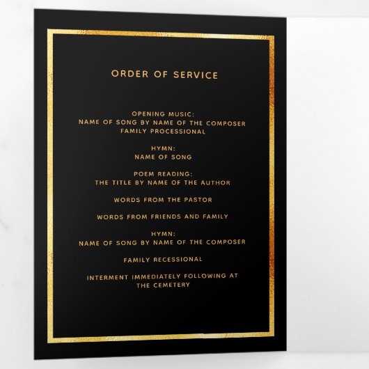 Black floral gold phototri-voudig begrafenisprogra drieluik aankondiging (Binnenzijde eerst)