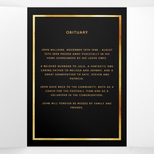 Black floral gold phototri-voudig begrafenisprogra drieluik aankondiging (Binnenkant midden)