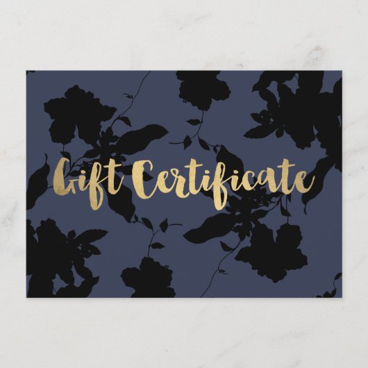 Black Floral Gold Text Blue Cadeaubon (Voorkant)