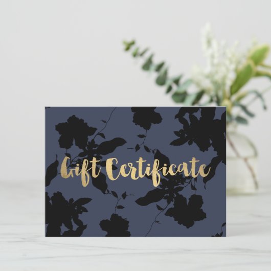Black Floral Gold Text Blue Cadeaubon (Staand voorkant)