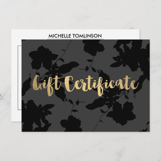 Black Floral Gold Text Cadeaubon (Voorkant / Achterkant)