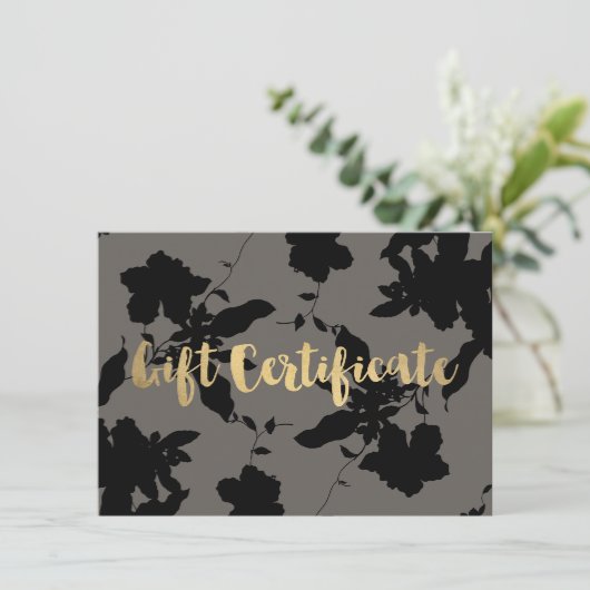 Black Floral Gold Text Grey Cadeaubon (Staand voorkant)