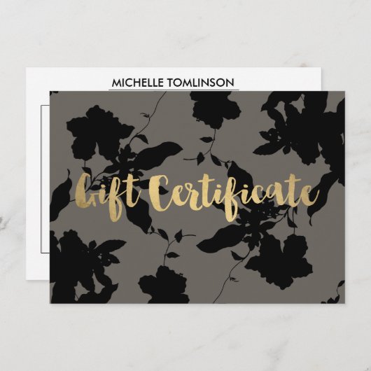 Black Floral Gold Text Grey Cadeaubon (Voorkant / Achterkant)