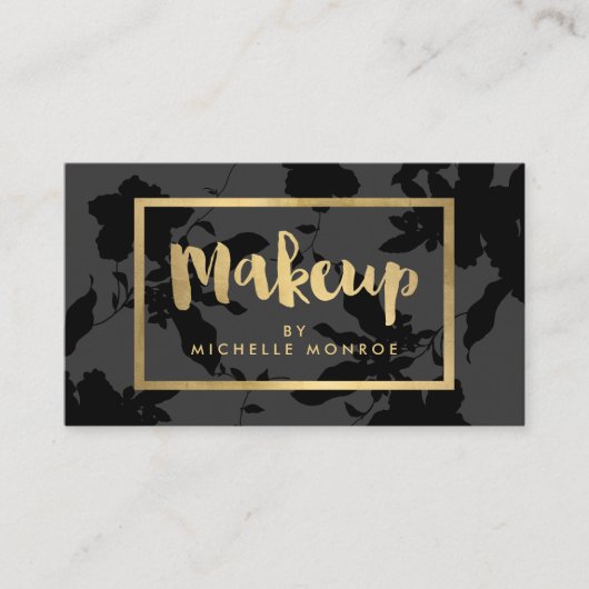 Black Floral Gold Text Makeup Artist Visitekaartje (Voorkant)