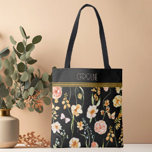 Black Floral Grace Trendy Stijlvolle Schattigee Ca Tote Bag