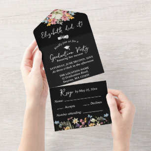 Black Floral Graduation Party Alles in één All In One Uitnodiging