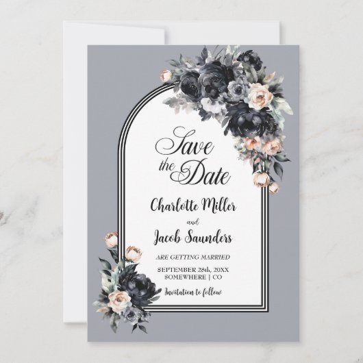 Black Floral Grey Arch Wedding Save the Date (Voorkant)