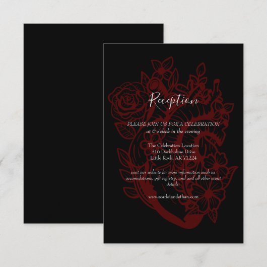 Black Floral Heart Handfasting Wedding Reception E Informatiekaartje (Voorkant / Achterkant)