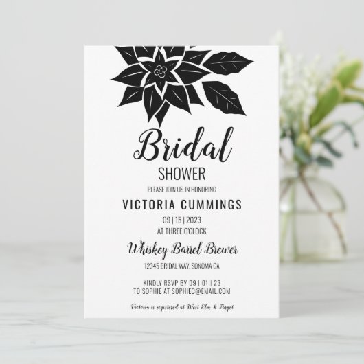 Black Floral Hibiscus Invitation Kaart (Staand voorkant)