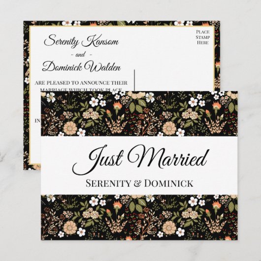 Black Floral is net getrouwd met huwelijksaankondi Aankondigingskaart (Voorkant / Achterkant)