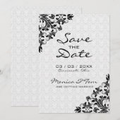 Black Floral Lace en Damask Save The Date (Voorkant / Achterkant)