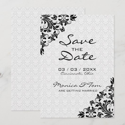 Black Floral Lace en Damask Save The Date (Voorkant / Achterkant)