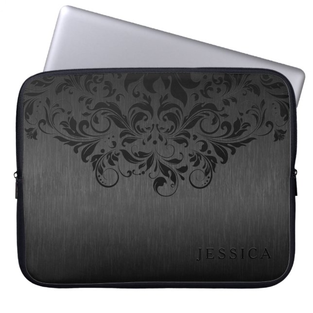Black Floral Lace grijs Metallic Achtergrond Laptop Sleeve (Voorkant)