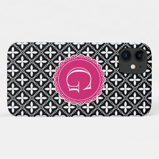 Black Floral Lattice Pattern Hot Pink Monogram Case-Mate iPhone Case (Achterkant (horizontaal))