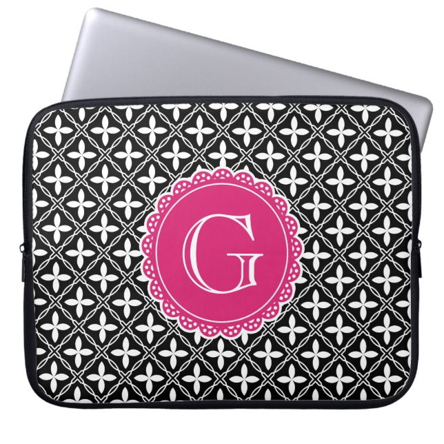 Black Floral Lattice Pattern Hot Pink Monogram Laptop Sleeve (Voorkant)