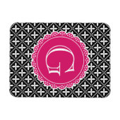 Black Floral Lattice Pattern Hot Pink Monogram Magneet (Horizontaal)