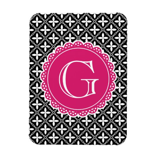 Black Floral Lattice Pattern Hot Pink Monogram Magneet (Verticaal)