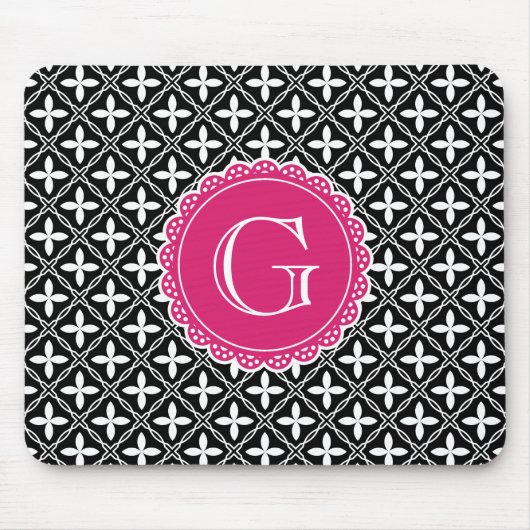 Black Floral Lattice Pattern Hot Pink Monogram Muismat (Voorkant)