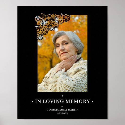 Black Floral Lijst & Elegant Photo Funeral Poster (Voorkant)