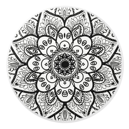 Black Floral Mandala Keramische Knop (Voorkant)
