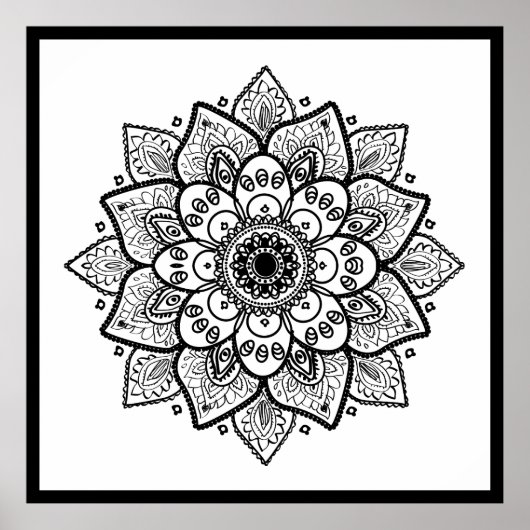 Black Floral Mandala op wit Poster (Voorkant)
