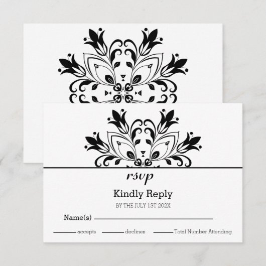 Black Floral Mandala RSVP Kaartje (Voorkant / Achterkant)