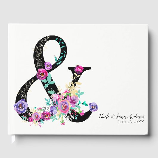 Black Floral Modern Ampersand Chic Spring Wedding Gastenboek (Voorkant)