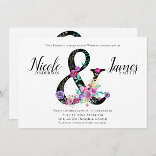 Black Floral Modern Ampersand Chic Spring Wedding Kaart
