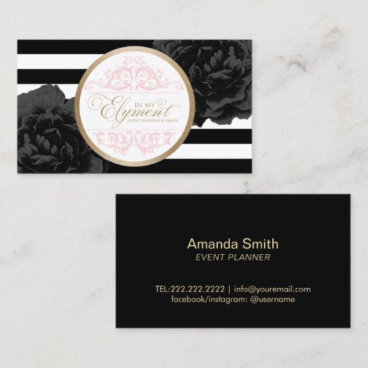 Black Floral Modern Stripes Event Planner Stylist Visitekaartje (Voorkant / Achterkant)