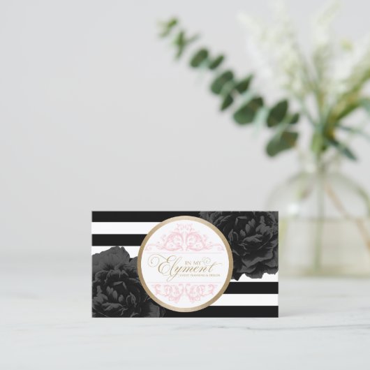 Black Floral Modern Stripes Event Planner Stylist Visitekaartje (Staand voorkant)