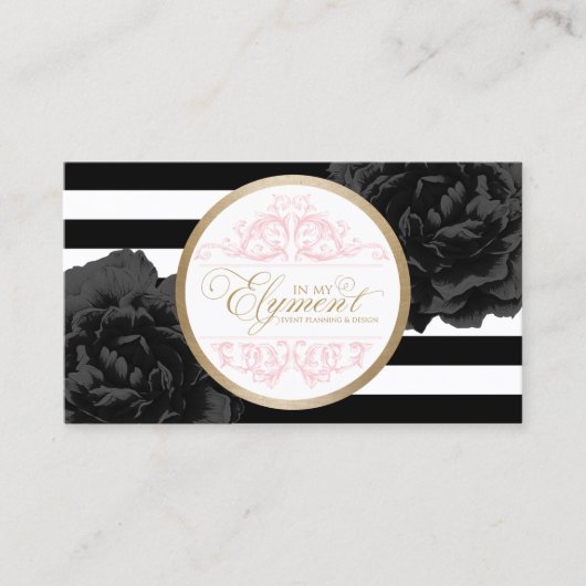 Black Floral Modern Stripes Event Planner Stylist Visitekaartje (Voorkant)