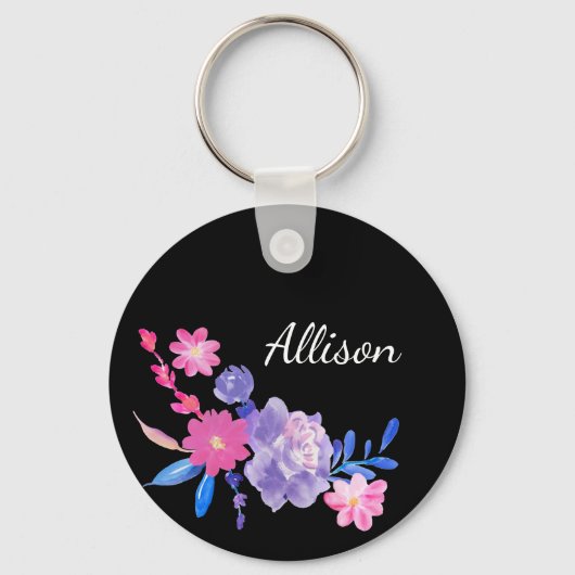 Black Floral Monogram Cute  Pink Girly Sleutelhanger (Voorkant)