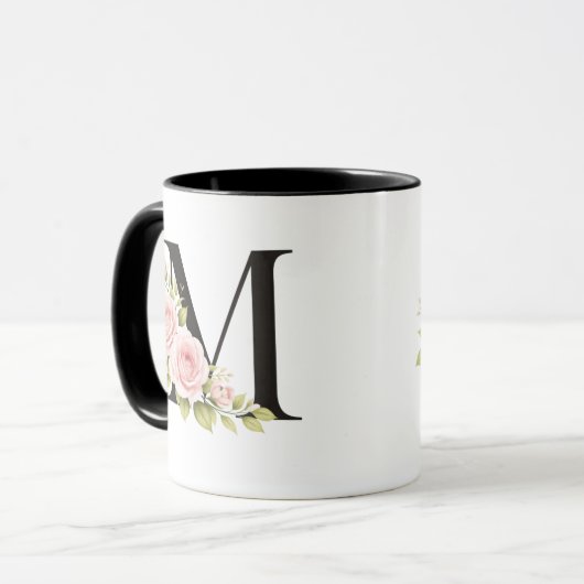 Black Floral Monogram M Mug Mok (Voorkant links)