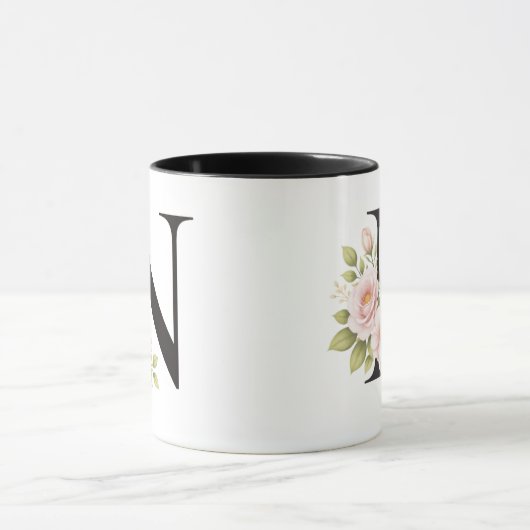 Black Floral Monogram N Mug Mok (Midden)