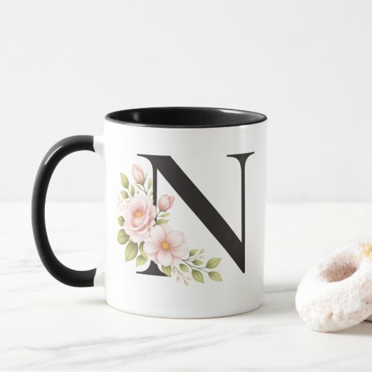 Black Floral Monogram N Mug Mok (Met donut)