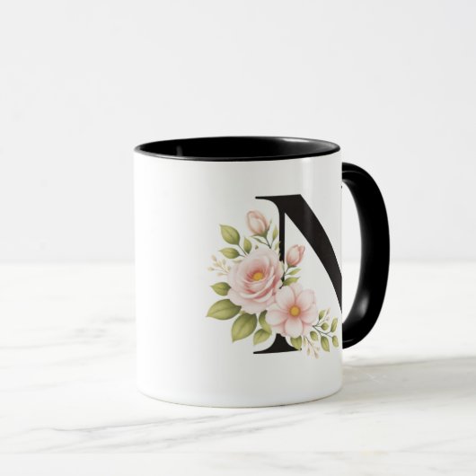 Black Floral Monogram N Mug Mok (Voorkant rechts)