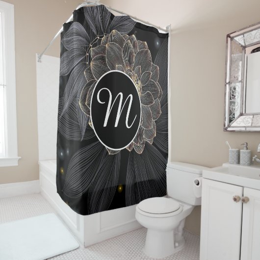 Black Floral Monogram Personaliseren Douchegordijn (In situ)