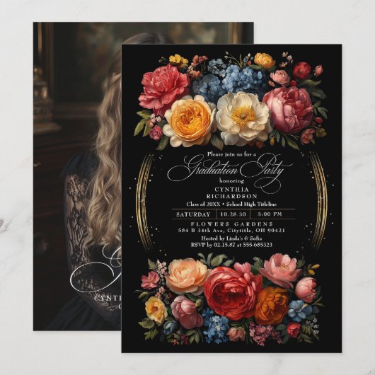 Black Floral Moody Botanische Chic Graduation Part Kaart (Voorkant / Achterkant)