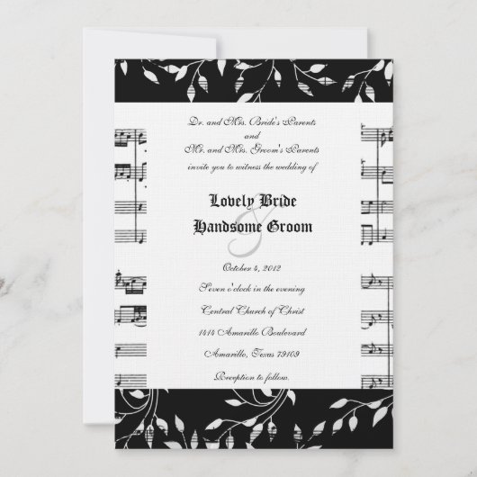 Black Floral Music Wedding Invitation Kaart (Voorkant)