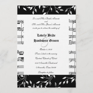 Black Floral Music Wedding Invitation Kaart