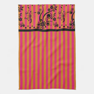 Black Floral on roze - keukenhanddoek