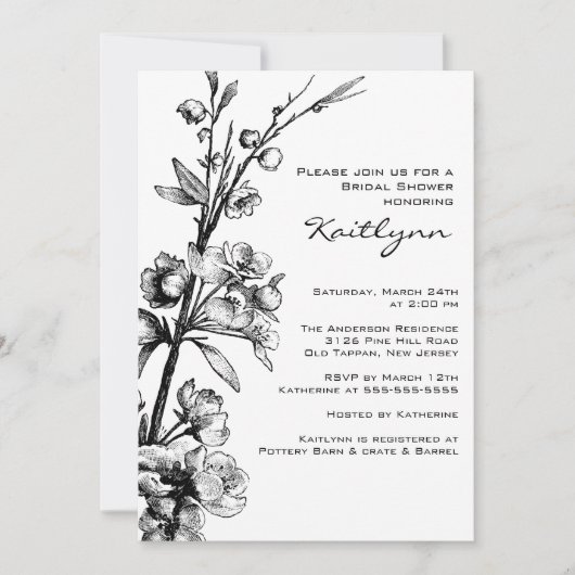 Black Floral op White Bridal Shower Invitation Kaart (Voorkant)
