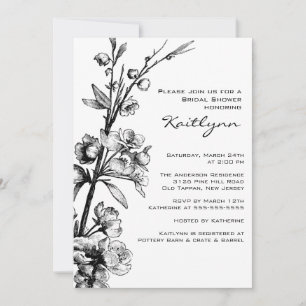 Black Floral op White Bridal Shower Invitation Kaart
