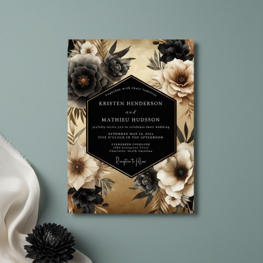 Black Floral Opulence Wedding Kaart