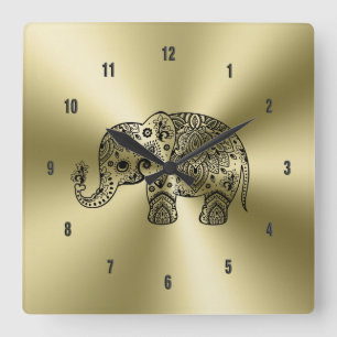 Black Floral Paisley Elephant Gold Stainless Steel Vierkante Klok